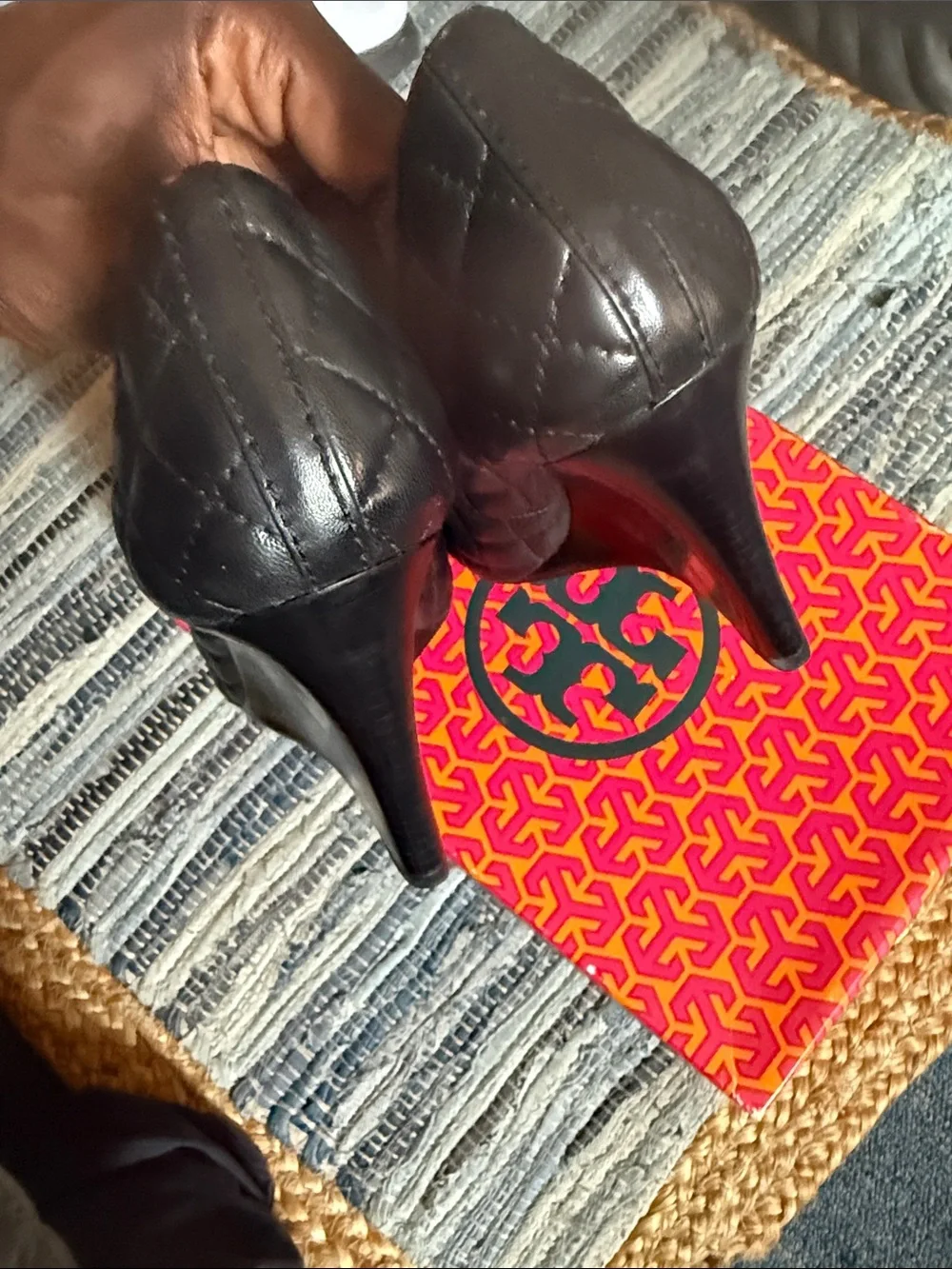 Tory Burch Black Quilted Leather Ballet Flats with Gold Logo Cap